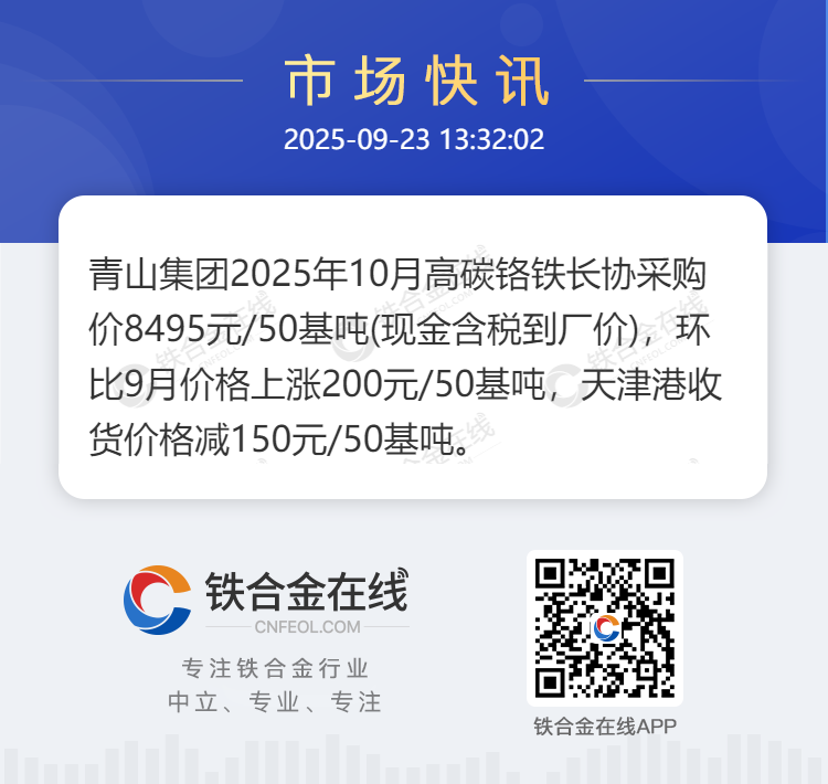 青山集团2025年10月高碳铬铁长协采购价