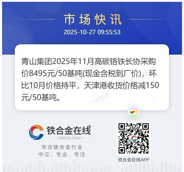 青山集团2025年11月高碳铬铁长协采购价